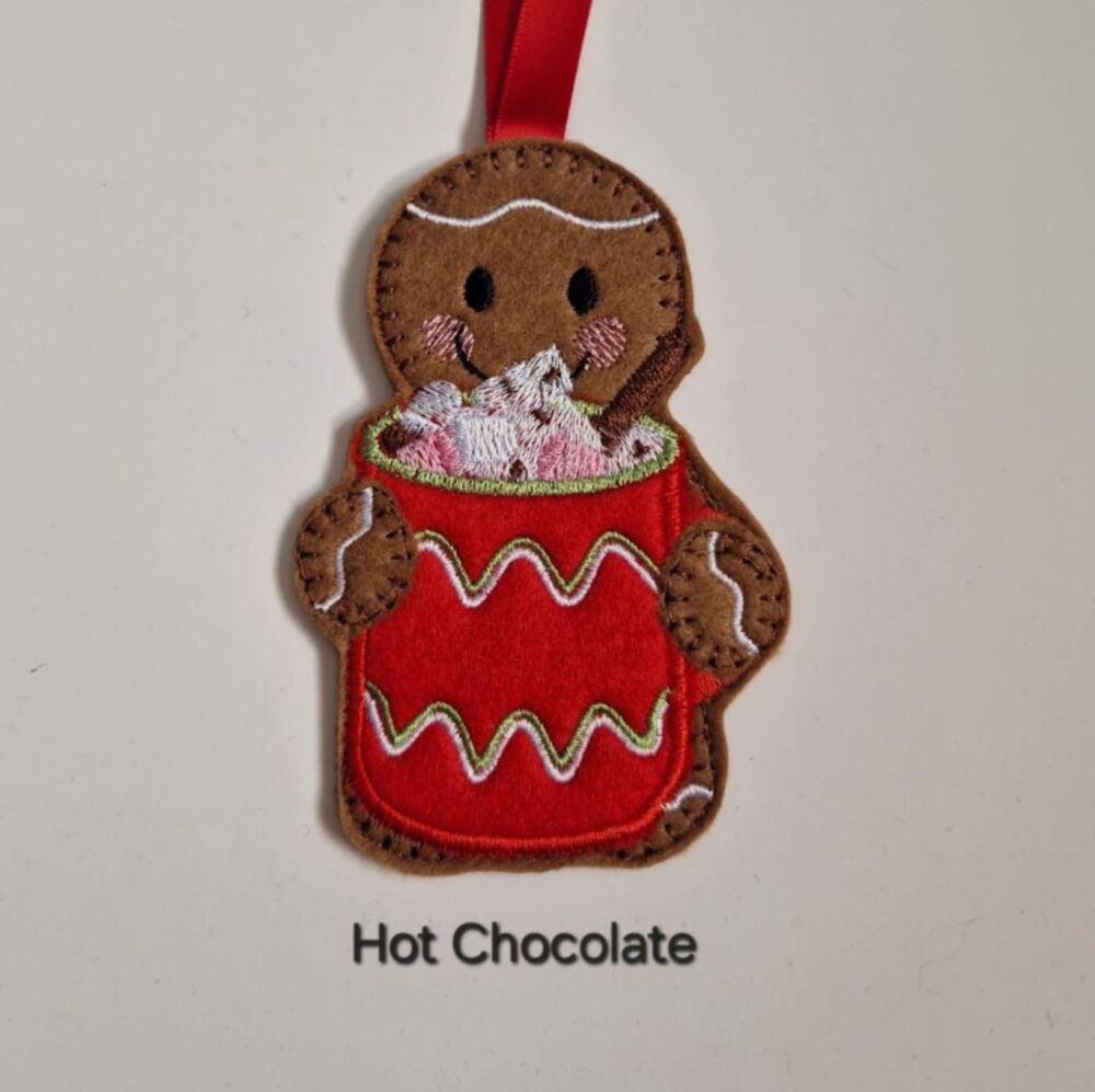Hot Chocolate Gingerbread Felt Hanging Decoration, Christmas Tree Decoration. Available as Keyring & Fridge Magnet too.