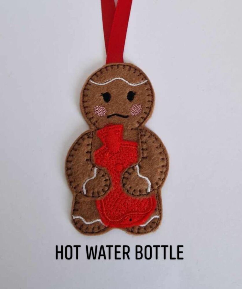Hot Water Bottle Gingerbread Felt Hanging Decoration, Christmas Tree Decoration. Available as Keyring & Fridge Magnet too.