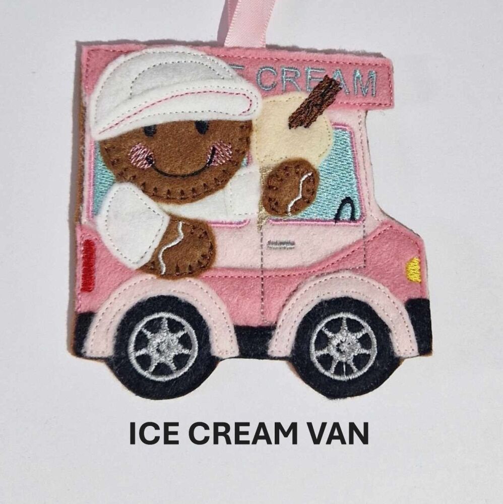 Ice Cream Van Gingerbread Felt Hanging Decoration, Christmas Tree Decoration. Available as Keyring & Fridge Magnet too.