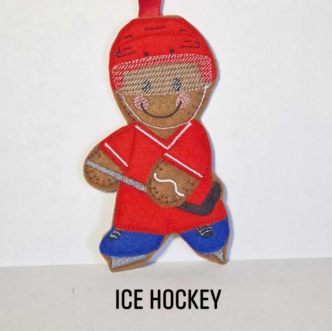 Ice Hockey Gingerbread Felt Hanging Decoration, Christmas Tree Decoration. Available as Keyring & Fridge Magnet too.