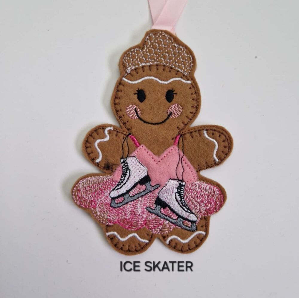 Ice Skater skating Gingerbread Felt Hanging Decoration, Christmas Tree Decoration. Available as Keyring & Fridge Magnet too.