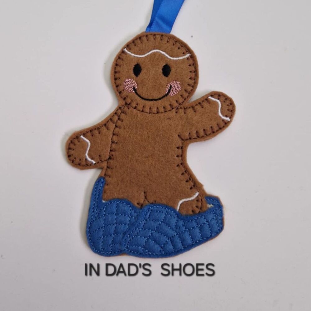 In Dad's Shoes Gingerbread Felt Hanging Decoration, Christmas Tree Decoration. Available as Keyring & Fridge Magnet too.
