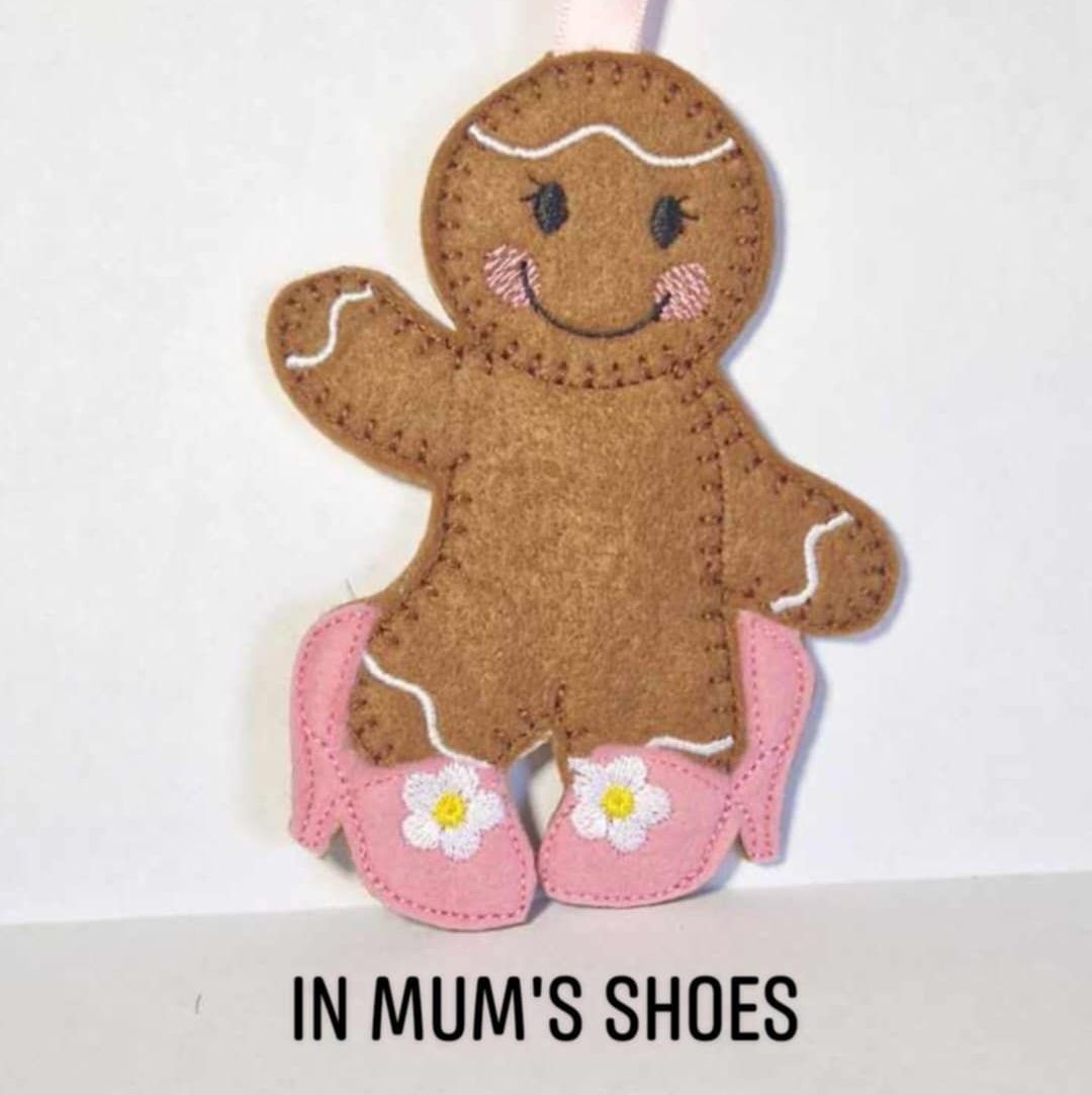 In Mum's Shoes Gingerbread Felt Hanging Decoration, Christmas Tree Decoration. Available as Keyring & Fridge Magnet too.