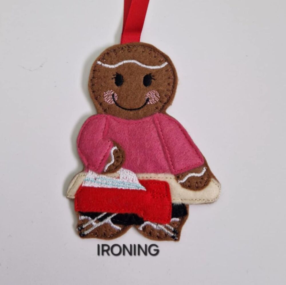 Ironing Gingerbread Felt Hanging Decoration, Christmas Tree Decoration. Available as Keyring & Fridge Magnet too.