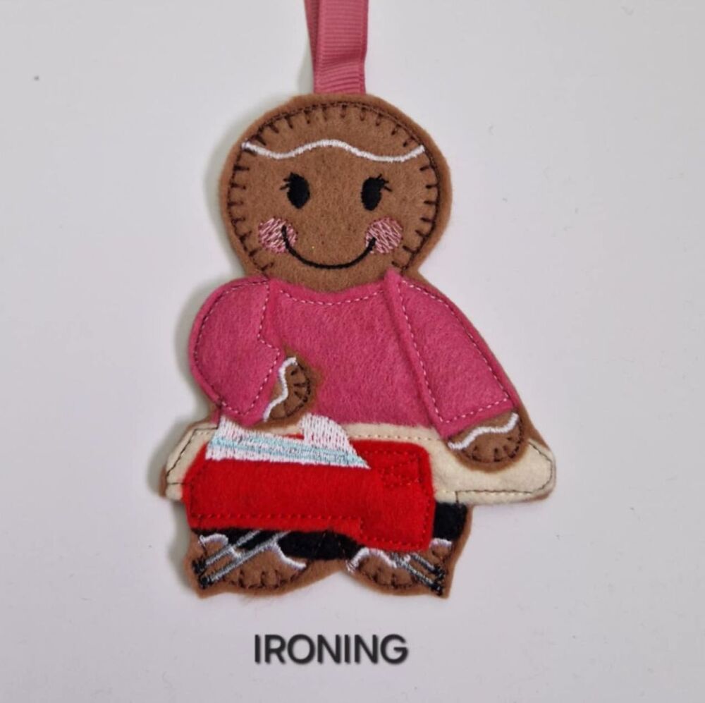 Ironing Gingerbread Felt Hanging Decoration, Christmas Tree Decoration. Available as Keyring & Fridge Magnet too.