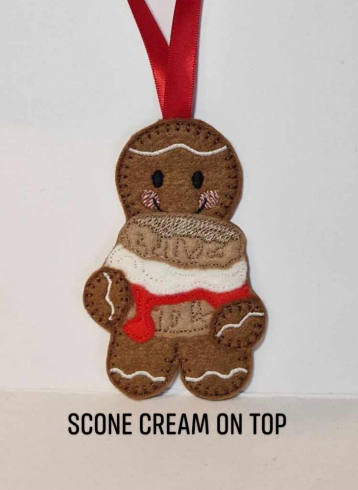Scone with Jam and Cream Gingerbread Felt Hanging Decoration, Christmas Tree Decoration. Available as Keyring & Fridge Magnet too. Devon or Cornish