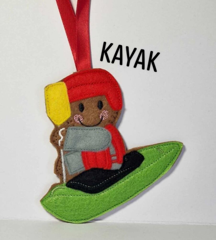 Kayak Gingerbread Felt Hanging Decoration, Christmas Tree Decoration. Available as Keyring & Fridge Magnet too.