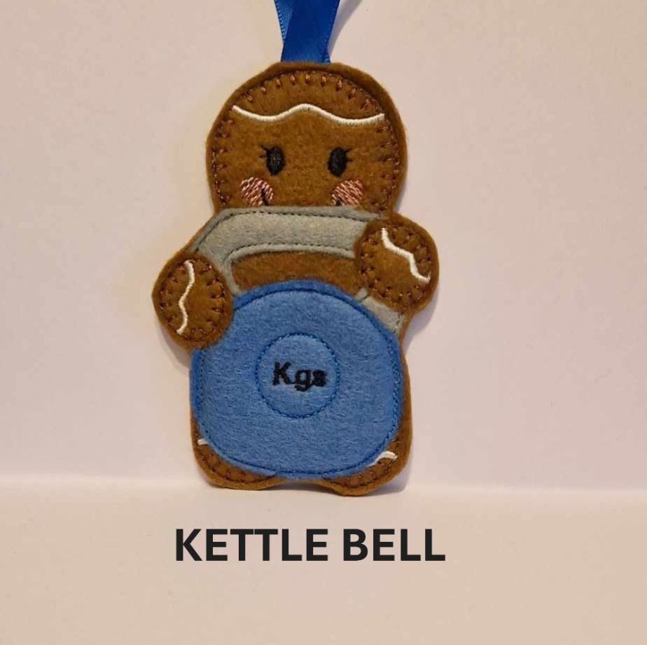 Kettlebell weights Gingerbread Felt Hanging Decoration, Christmas Tree Decoration. Available as Keyring & Fridge Magnet too.
