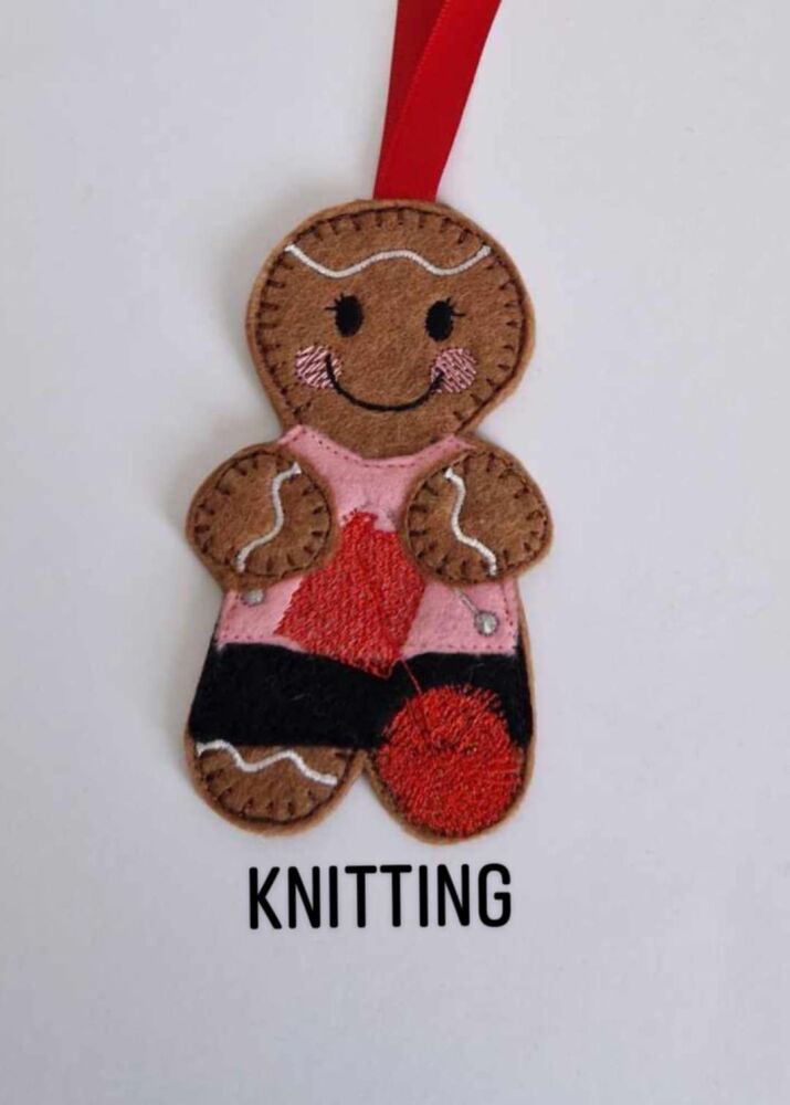 Knitting, Knitter Gingerbread Felt Hanging Decoration, Christmas Tree Decoration. Available as Keyring & Fridge Magnet too.