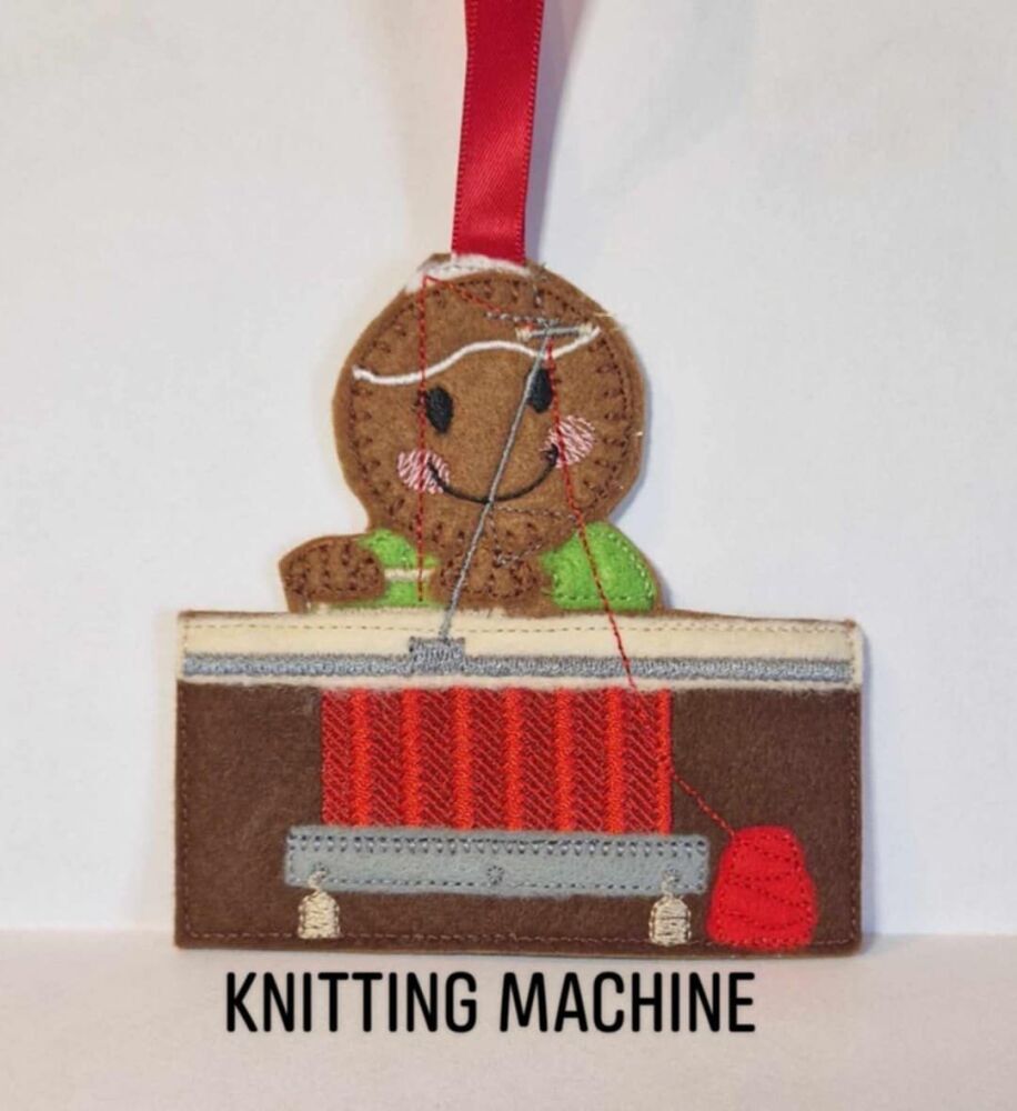 Knitting Machine Gingerbread Felt Hanging Decoration, Christmas Tree Decoration. Available as Keyring & Fridge Magnet too.