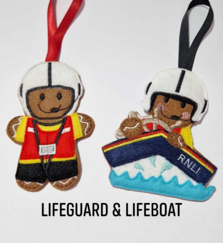 RNLI, Lifeboat, Lifeguards Gingerbread Felt Hanging Decoration, Christmas Tree Decoration. Available as Keyring & Fridge Magnet too.