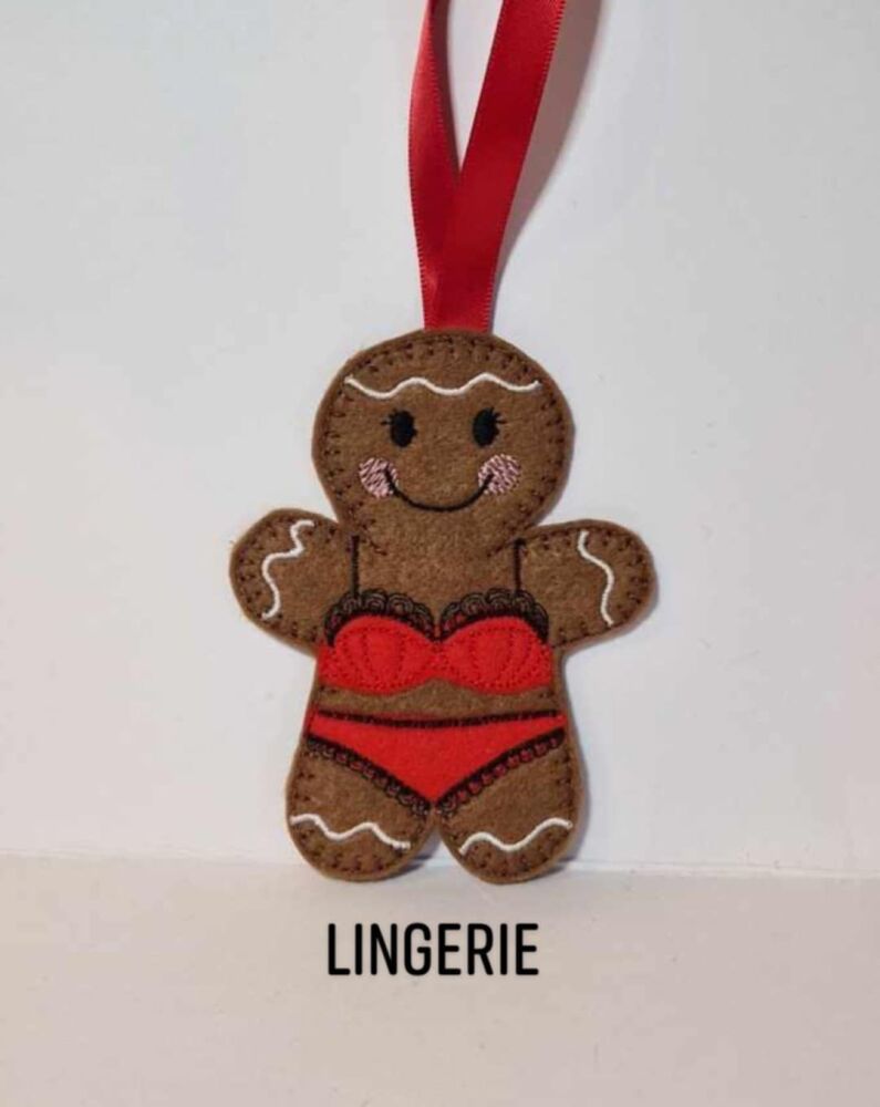 Lingerie Gingerbread Felt Hanging Decoration, Christmas Tree Decoration. Available as Keyring & Fridge Magnet too.