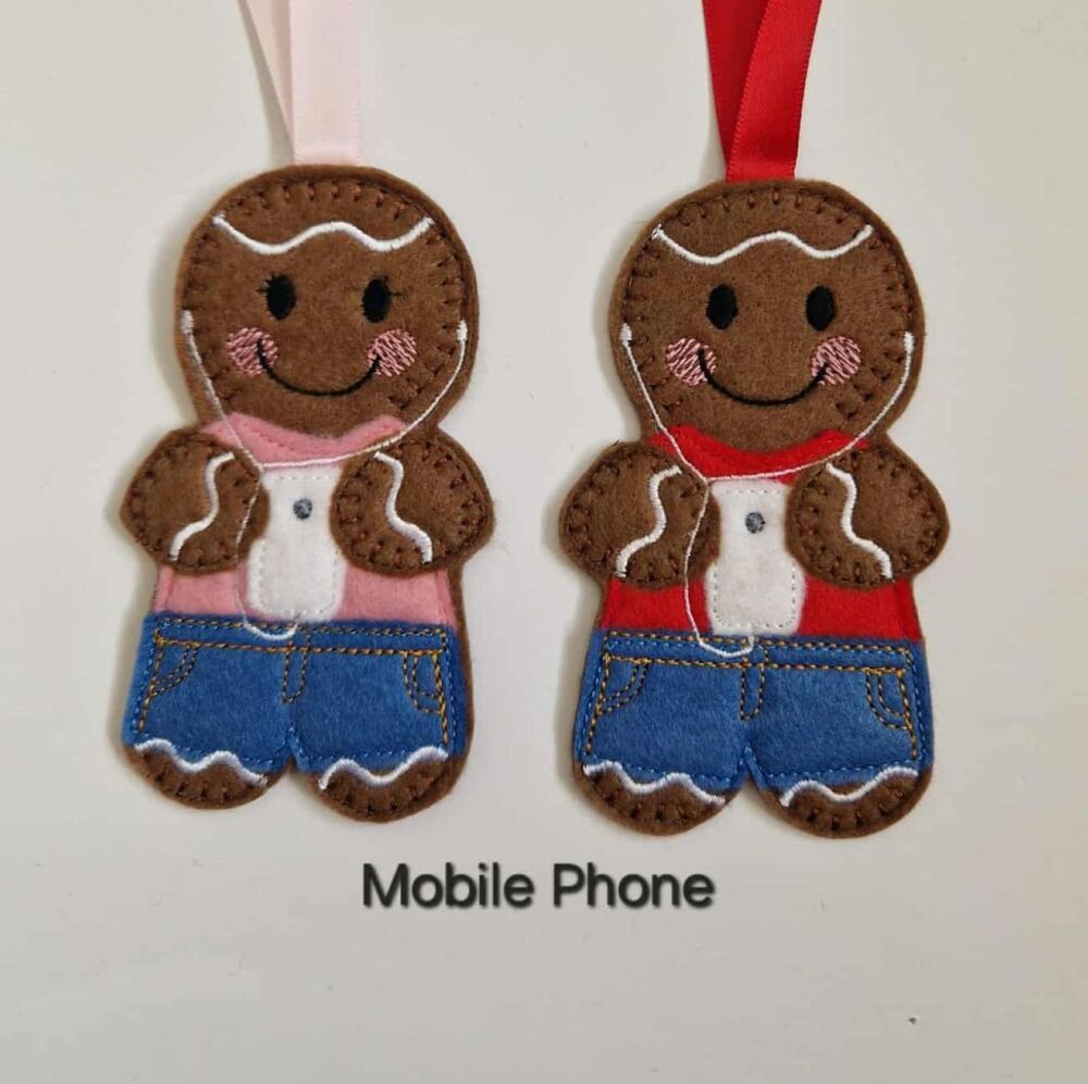 Mobile Phone Gingerbread Felt Hanging Decoration, Christmas Tree Decoration. Available as Keyring & Fridge Magnet too.
