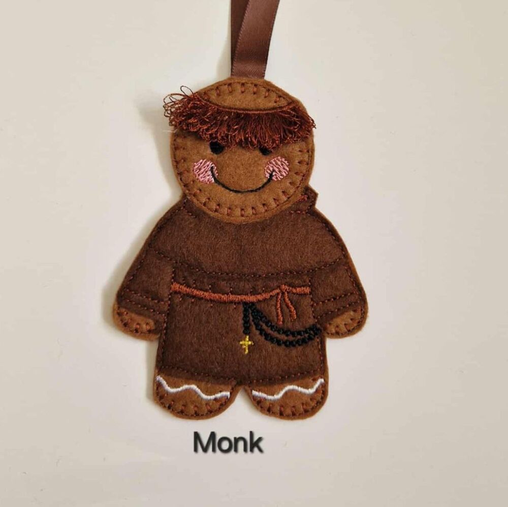 Monk Gingerbread Felt Hanging Decoration, Christmas Tree Decoration. Available as Keyring & Fridge Magnet too.