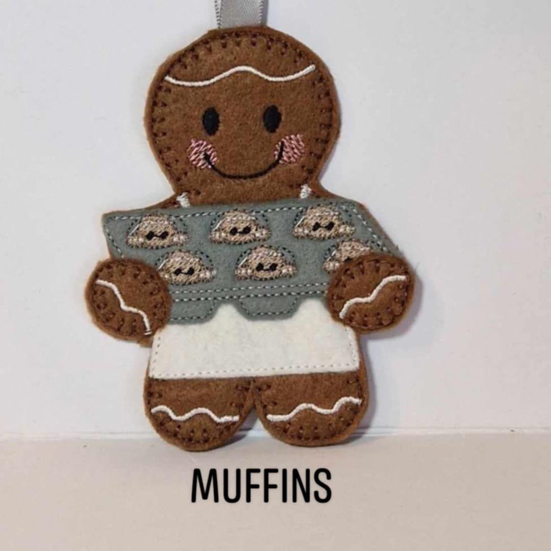 Muffins Baking Gingerbread Felt Hanging Decoration, Christmas Tree Decoration. Available as Keyring & Fridge Magnet too.