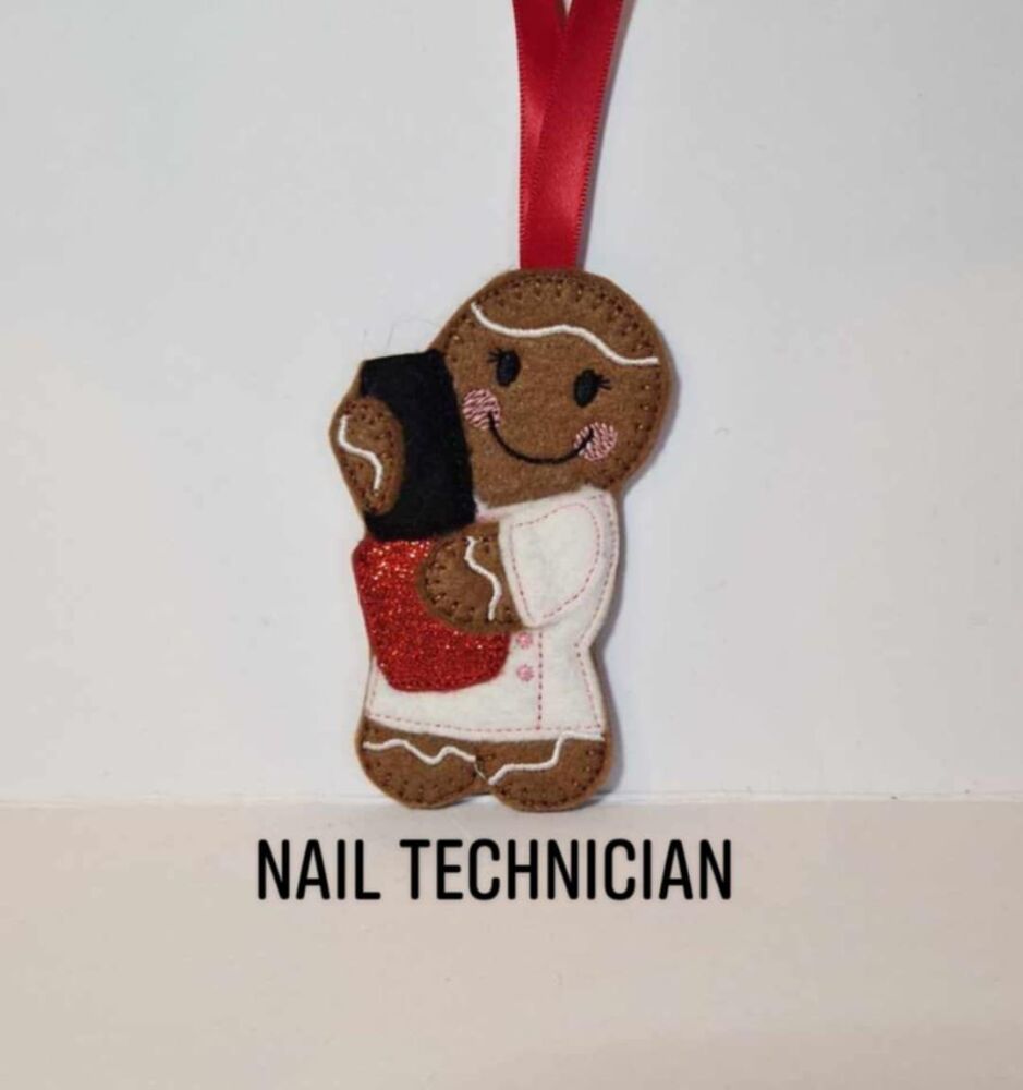 Nail Technician Gingerbread Felt Hanging Decoration, Christmas Tree Decoration. Available as Keyring & Fridge Magnet too.
