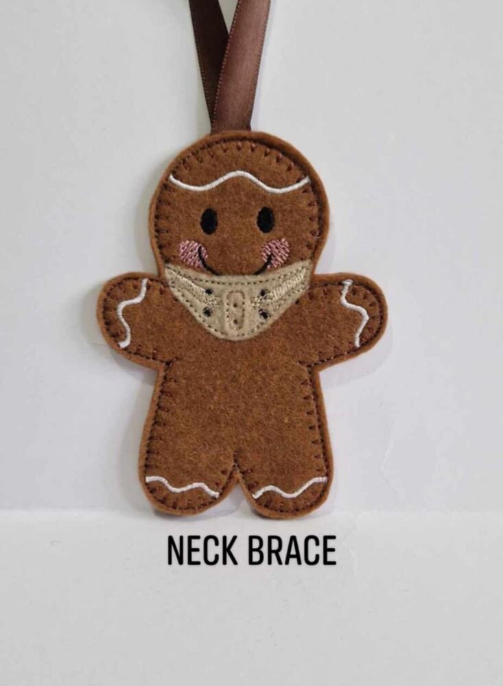 Neck Brace Gingerbread Felt Hanging Decoration, Christmas Tree Decoration. Available as Keyring & Fridge Magnet too.