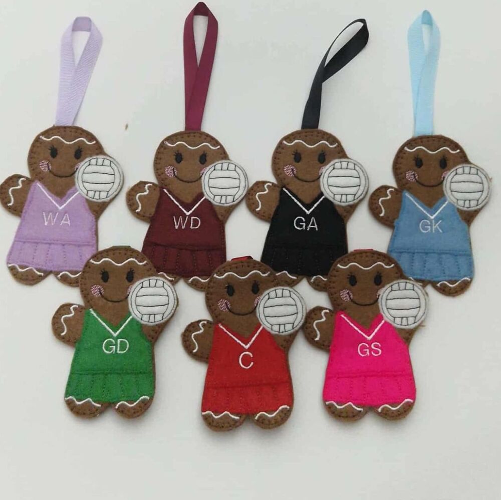 Netball Gingerbread Felt Hanging Decoration, Christmas Tree Decoration. Available as Keyring & Fridge Magnet too.
