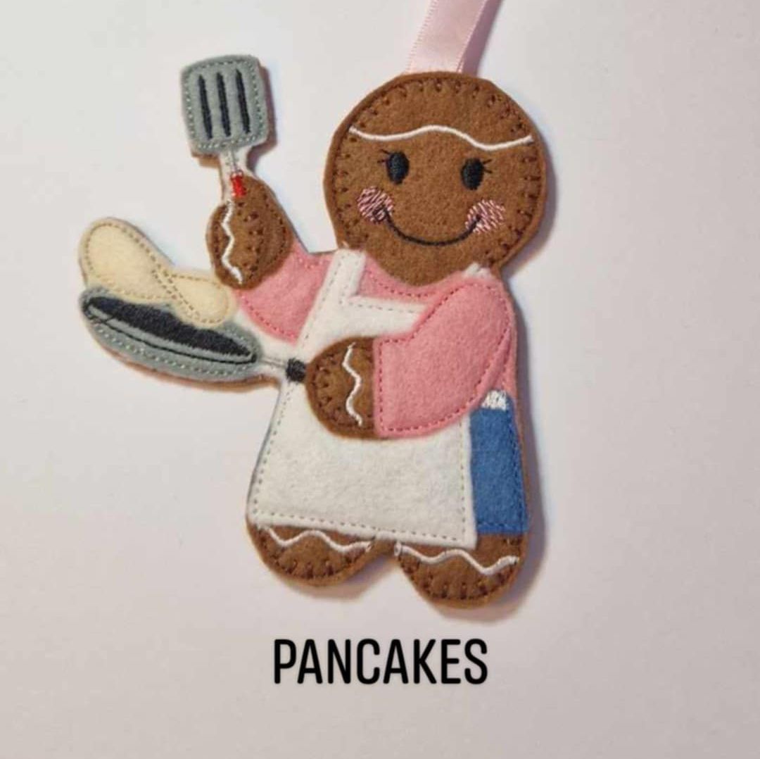 Shrove Tuesday, Pancake Maker Gingerbread Felt Hanging Decoration, Christmas Tree Decoration. Available as Keyring & Fridge Magnet too.