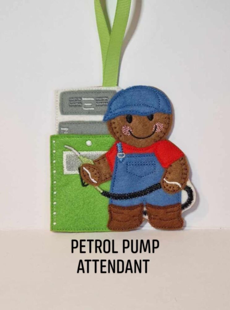 Petrol pump Attendant Gingerbread Felt Hanging Decoration, Christmas Tree Decoration.