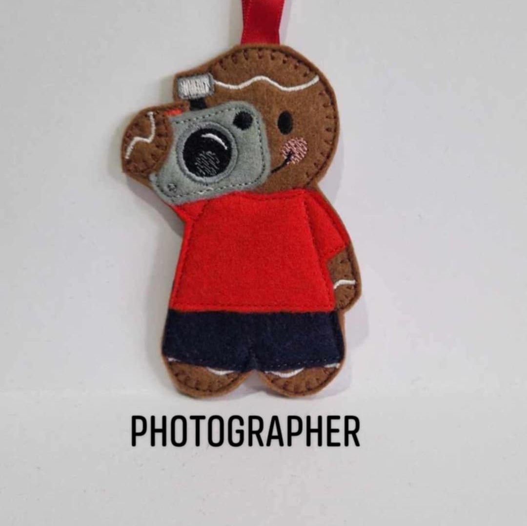 Photographer Gingerbread Felt Hanging Decoration, Christmas Tree Decoration. Available as Keyring & Fridge Magnet too.