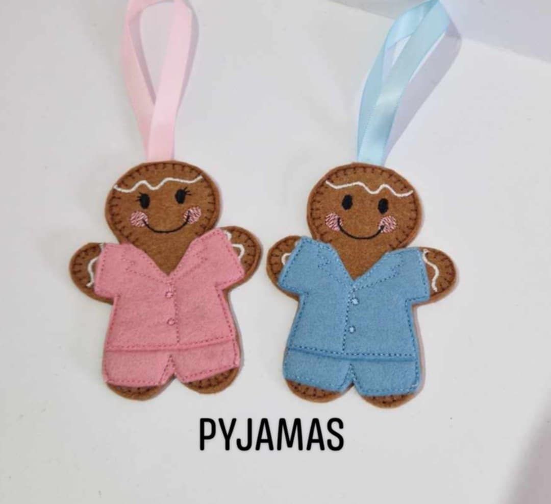 Pyjamas Gingerbread Felt Hanging Decoration, Christmas Tree Decoration. Available as Keyring & Fridge Magnet too.