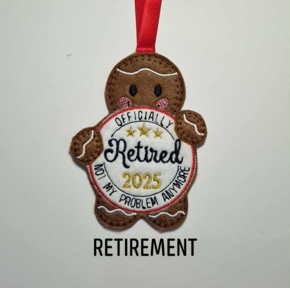 Retirement Gingerbread Felt Hanging Decoration.  Can be Keyring or fridge magnet too