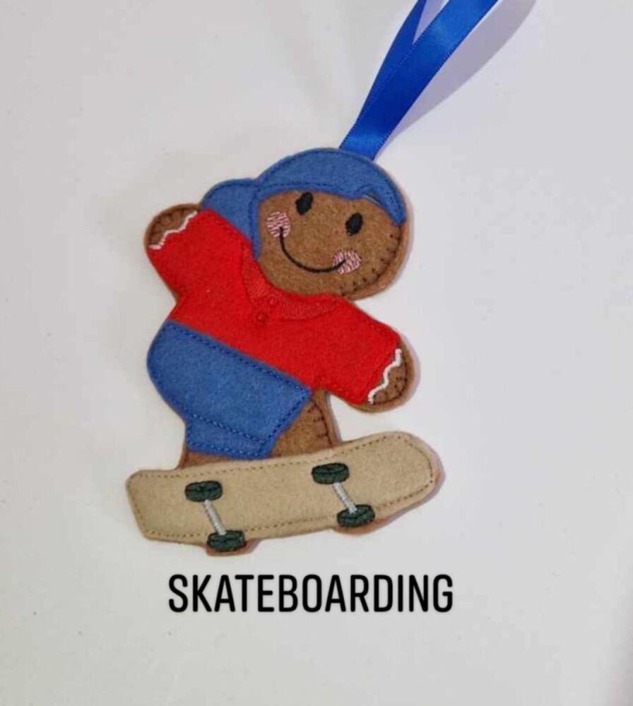 Skateboarder  Gingerbread Felt Hanging Decoration.  Can be Keyring or fridge magnet too