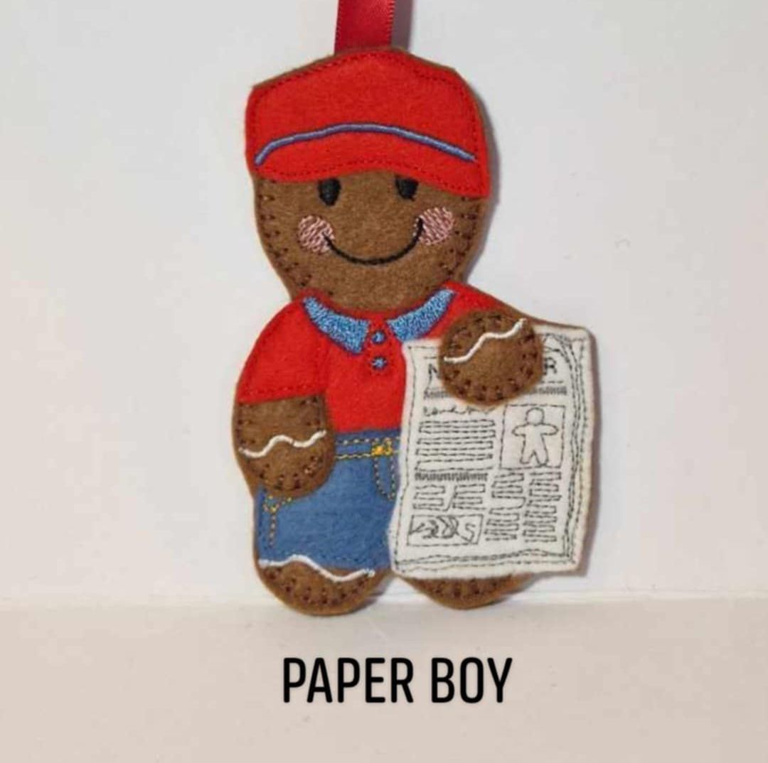 Paperboy Paper Boy Gingerbread Felt Hanging Decoration, Christmas Tree Decoration. Available as Keyring & Fridge Magnet too.