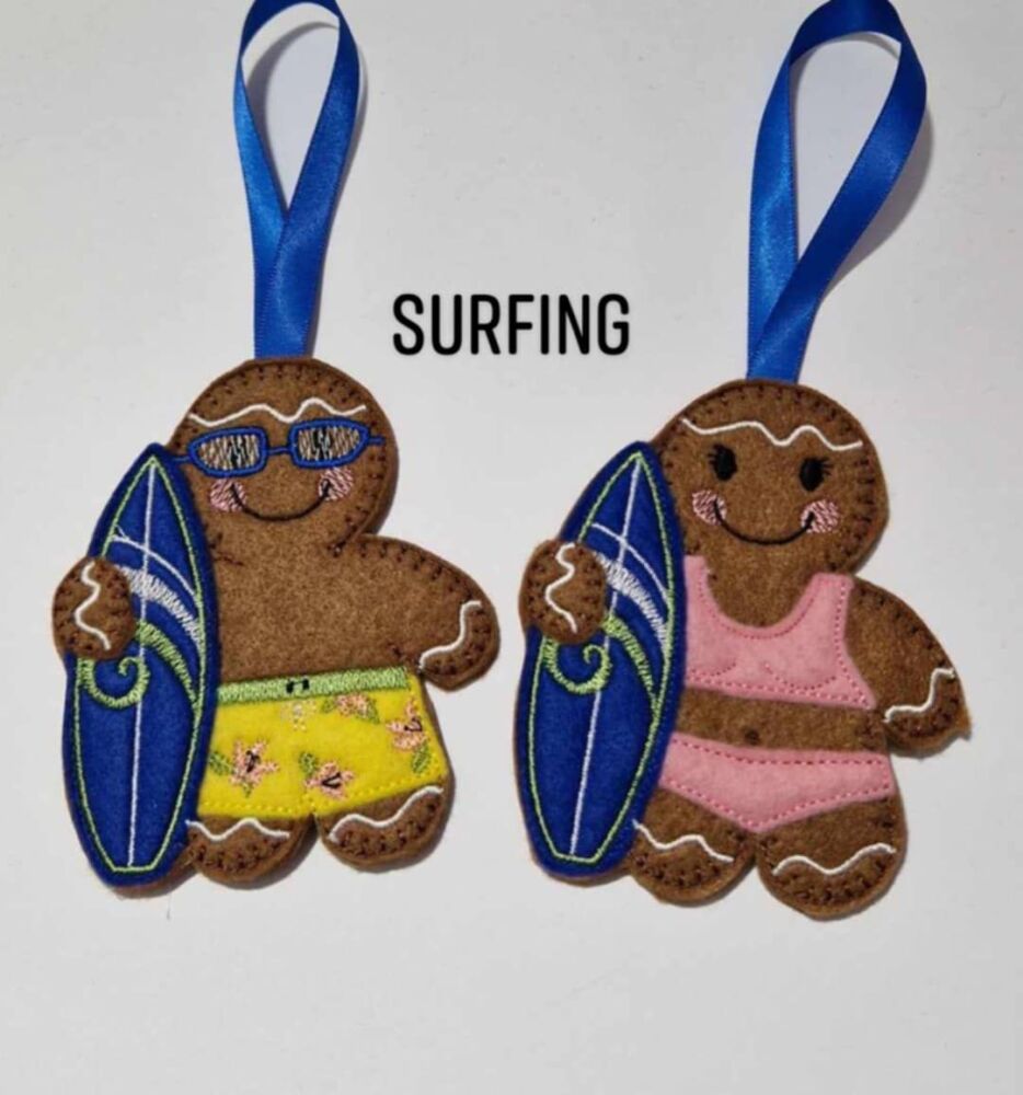 Surfboarding, Surfer, Surfing Gingerbread Felt Hanging Decoration.  Can be Keyring or fridge magnet too