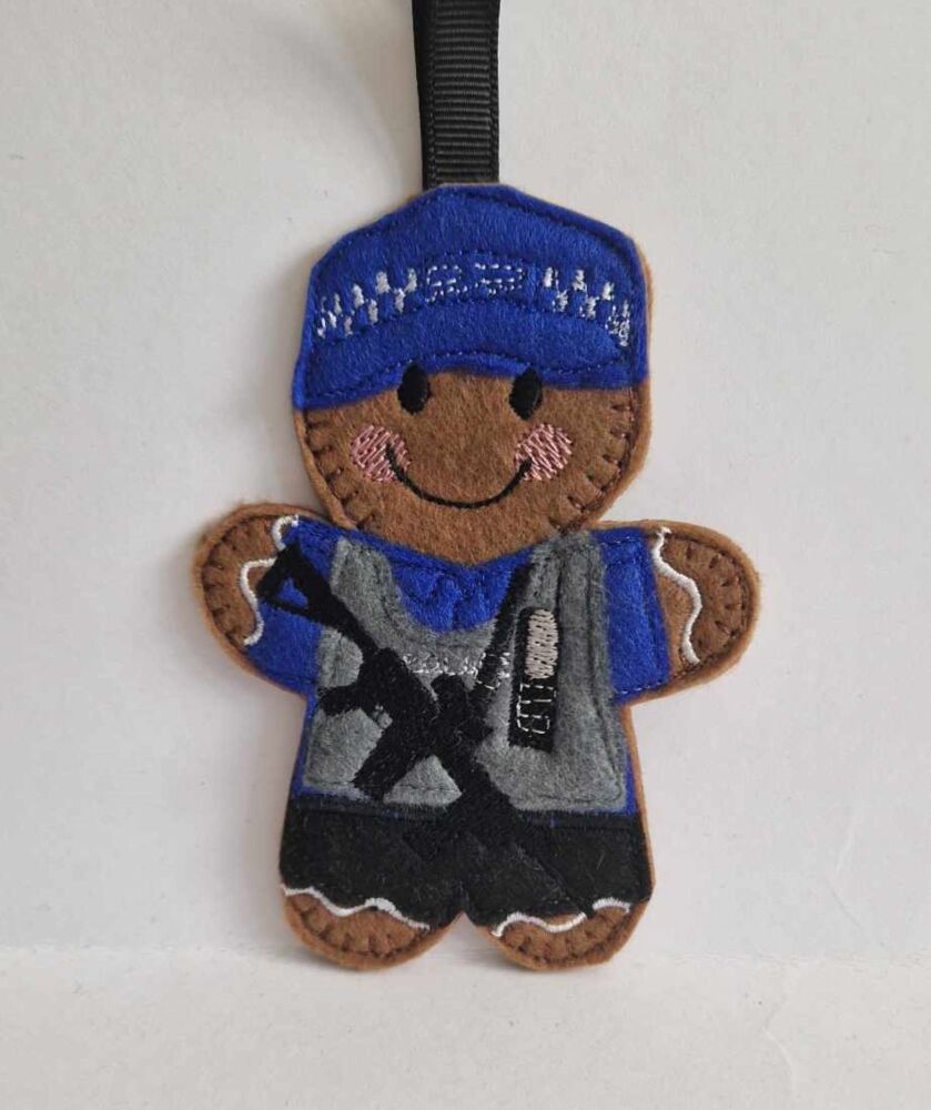 Airport Police Officer Gingerbread Felt Hanging Decoration, Christmas Tree Decoration. Available as Keyring & Fridge Magnet too.