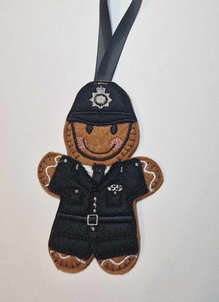 Police Man Gingerbread Felt Hanging Decoration, Christmas Tree Decoration. Available as Keyring & Fridge Magnet too.