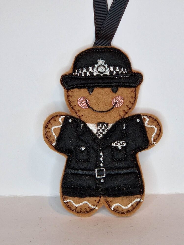 Police Woman Gingerbread Felt Hanging Decoration, Christmas Tree Decoration. Available as Keyring & Fridge Magnet too.