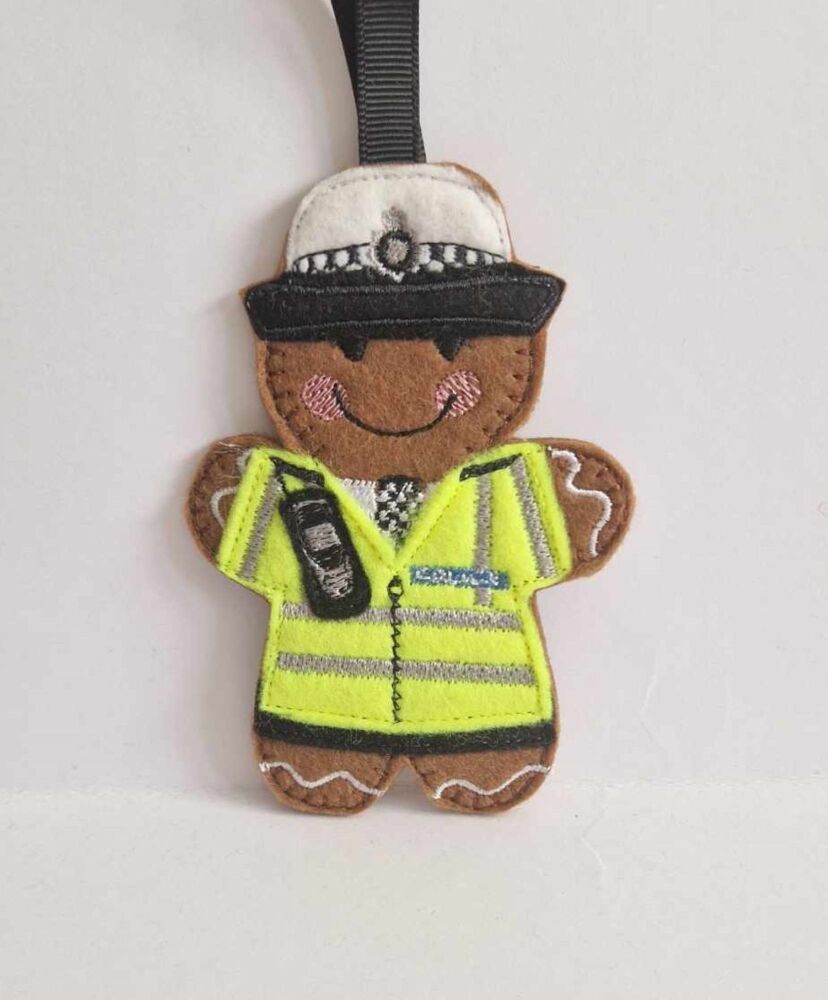 Traffic Police Woman Gingerbread Felt Hanging Decoration, Christmas Tree Decoration. Available as Keyring & Fridge Magnet too.