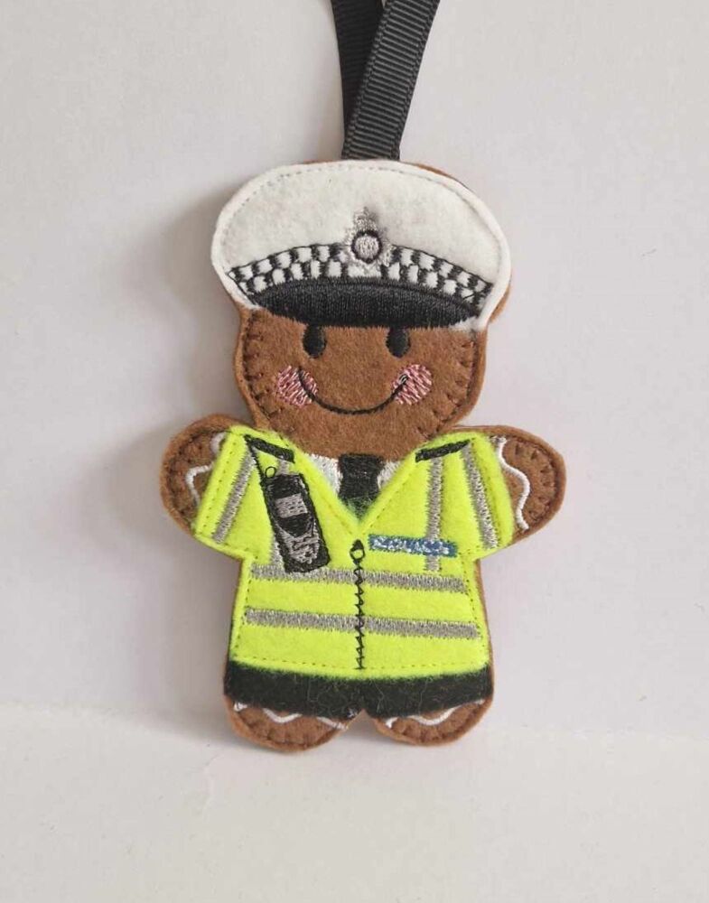 Traffic Police Man Officer Gingerbread Felt Hanging Decoration, Christmas Tree Decoration. Available as Keyring & Fridge Magnet too.