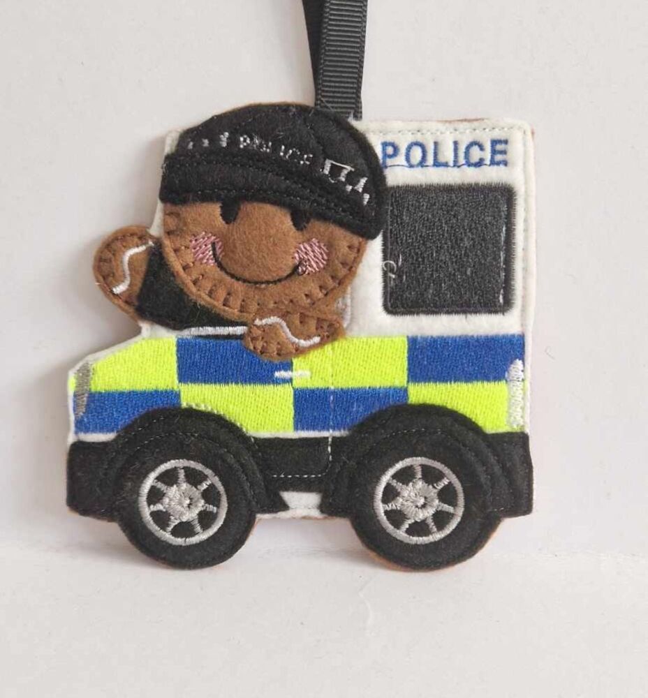 Police Vehicle Gingerbread Felt Hanging Decoration, Christmas Tree Decoration. Available as Keyring & Fridge Magnet too.