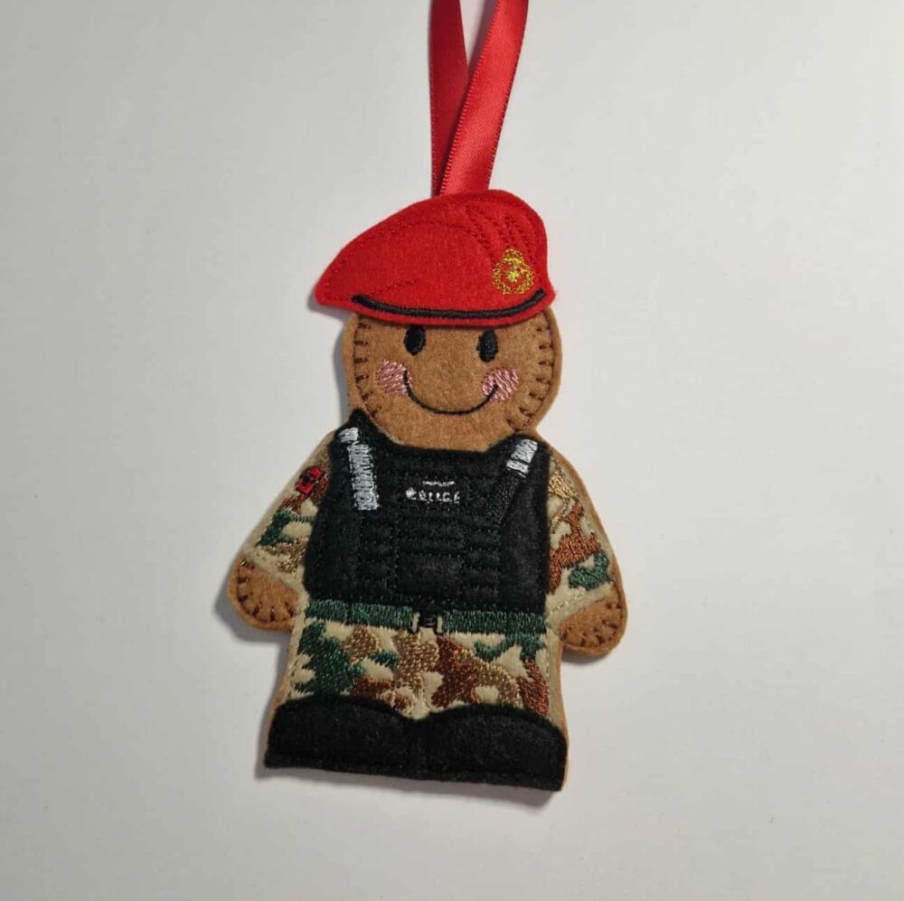Military Police Gingerbread Felt Hanging Decoration, Christmas Tree Decoration. Available as Keyring & Fridge Magnet too.