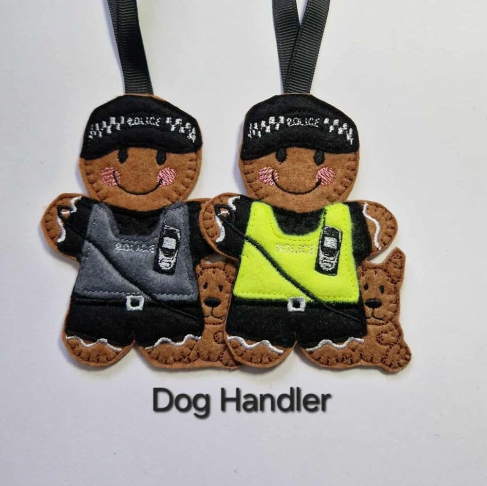Dog Handler Police Officer Gingerbread Felt Hanging Decoration, Christmas Tree Decoration. Available as Keyring & Fridge Magnet too.