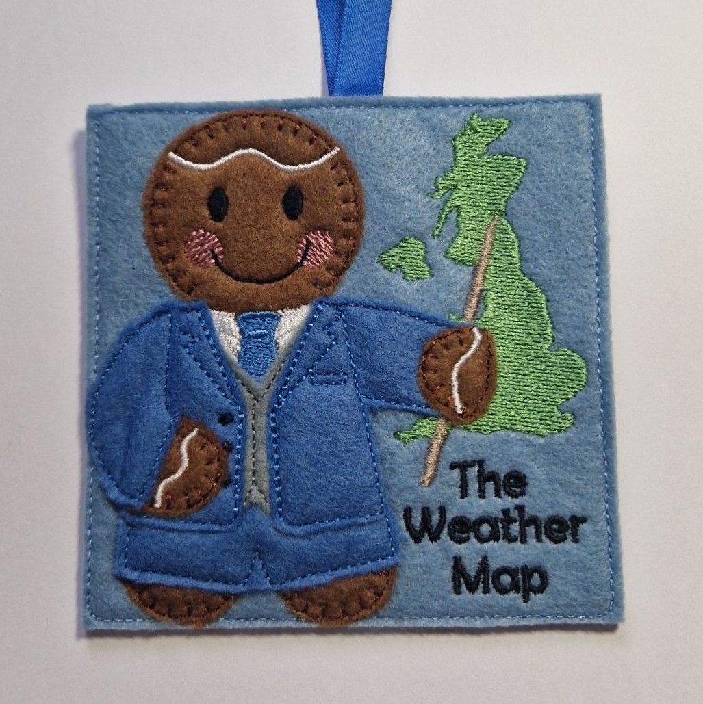 Weather Man,  Meteorologist Gingerbread Felt Hanging Decoration.  Can be Keyring or fridge magnet too