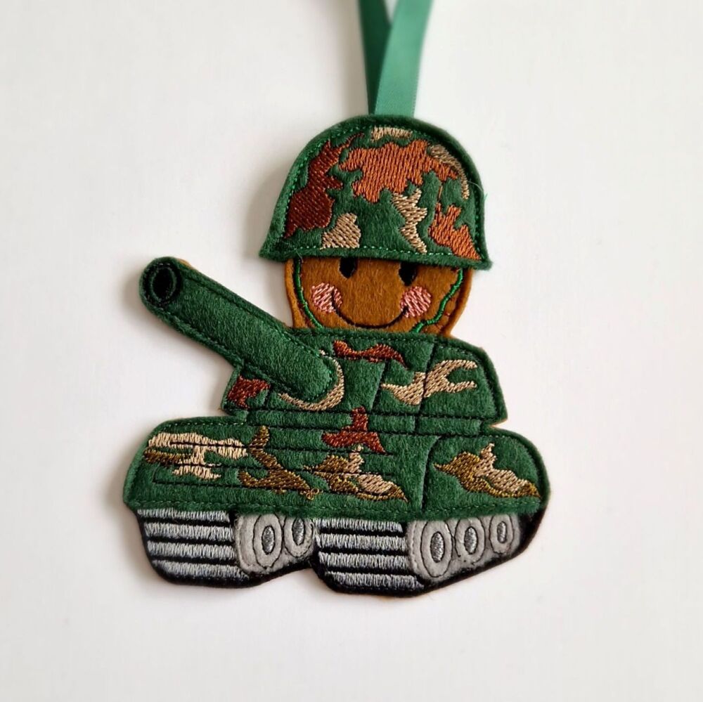 Army Tank Gingerbread Felt Hanging Decoration.