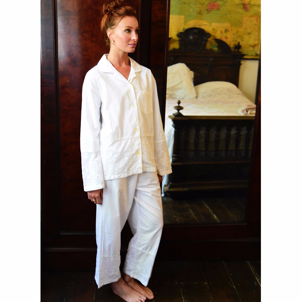 Julia - Ladies Traditional White Cotton Embriodered Pyjamas