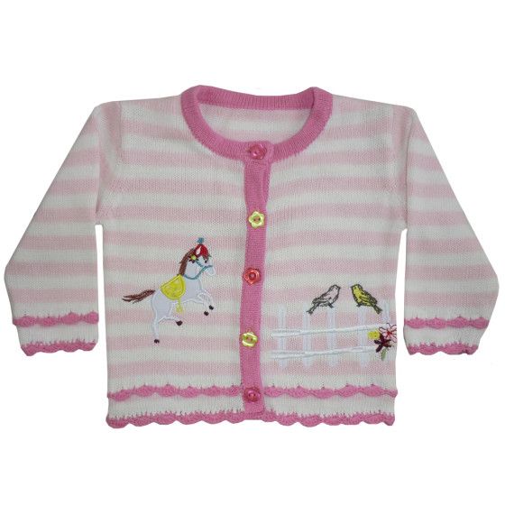 Girls Pony Cotton Cardigan - Pink and White Stripes