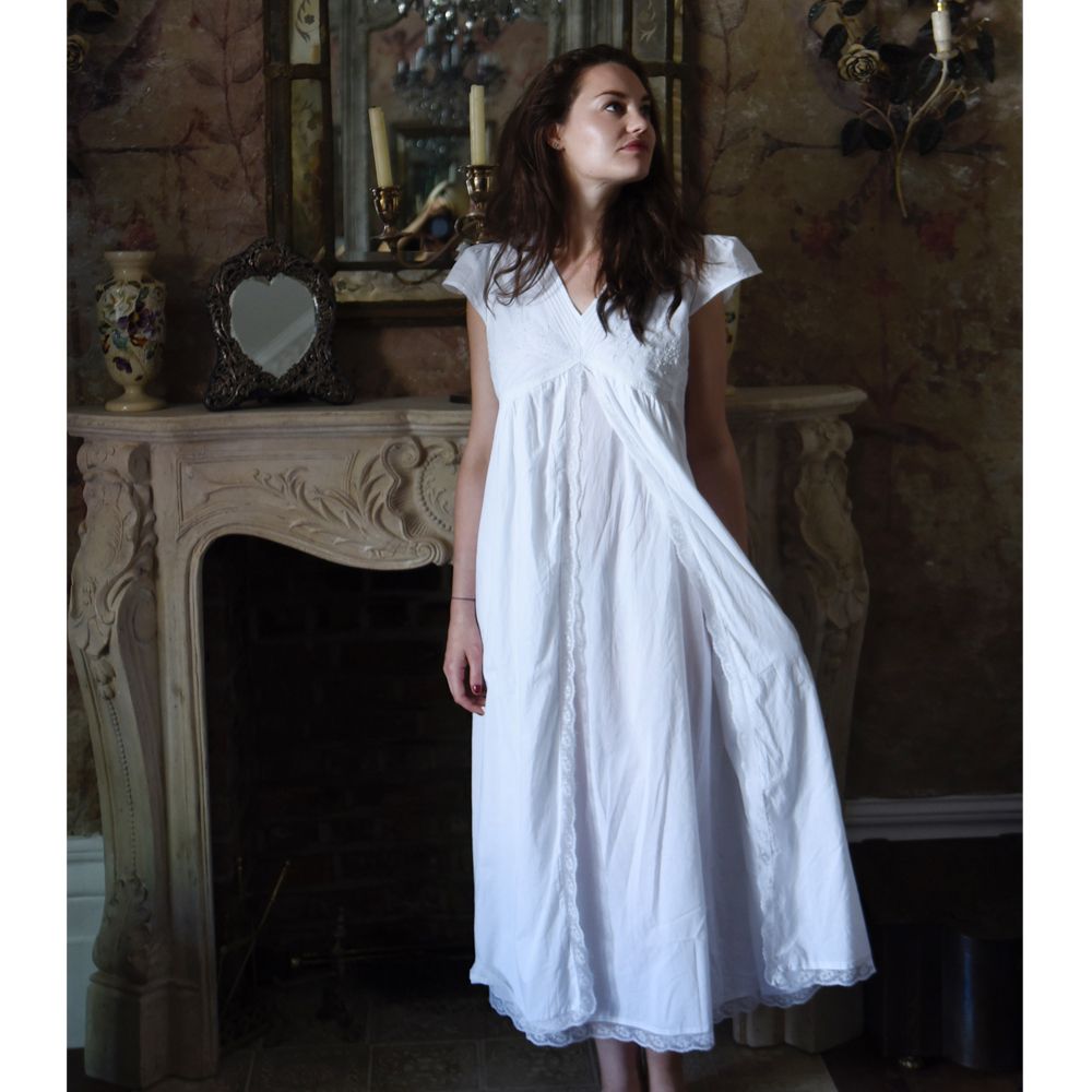 Ladies Long Sleeve white cotton nightdress V neckline - Janet 