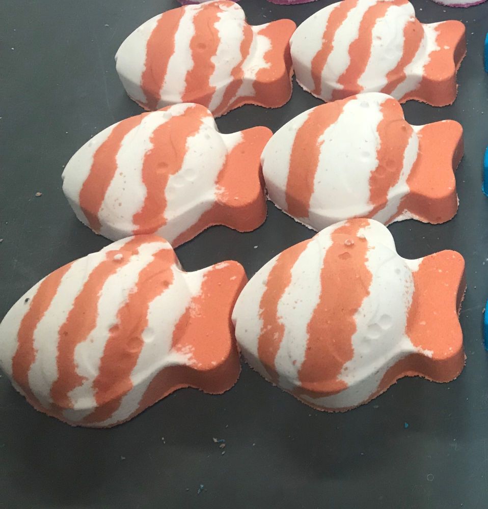 6 x Stripey Orange and White Fish  Bath Bombs  In Sweet Orange Essential Oil