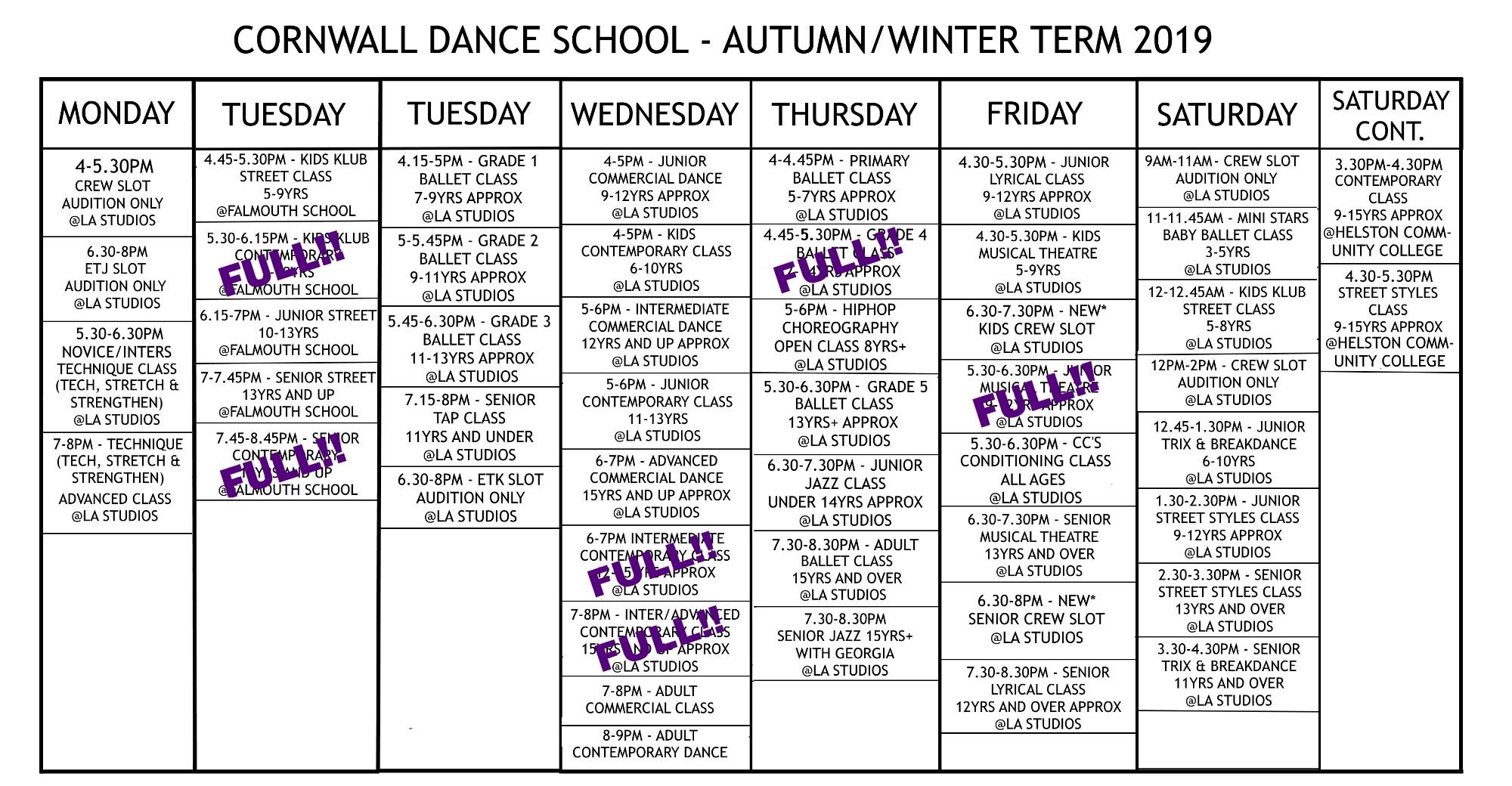 Cornwall Dance School Dance Class Timetable