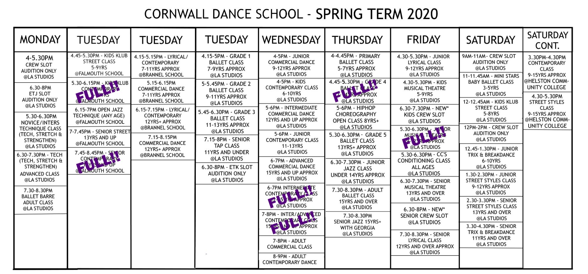 Cornwall Dance School Dance Class Timetable
