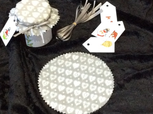 12 x xmas fabric  jar covers includes bands ribbon labels & tags