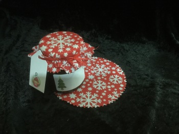 12 x xmas fabric  jar covers includes bands ribbon labels & tags