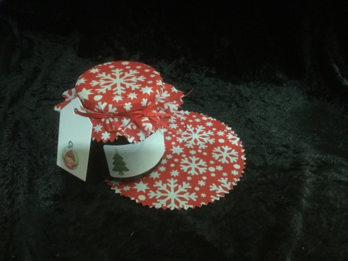 12 x xmas fabric  jar covers includes bands ribbon labels & tags