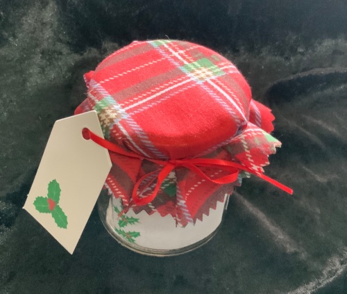 12 x xmas fabric  jar covers includes bands ribbon labels & tags